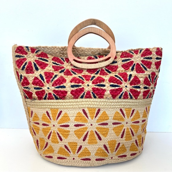ANTIK KRAFT Multicolor Woven Jute Raffia Brown Wooden Handle Beach Handbag Tote - Picture 1 of 12